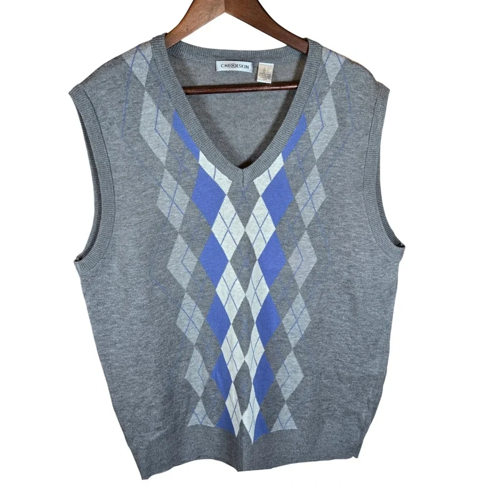 CHERESKIN Mens Argyle V Neck‎ Sleeveless Sweater Vest Gray Blue L